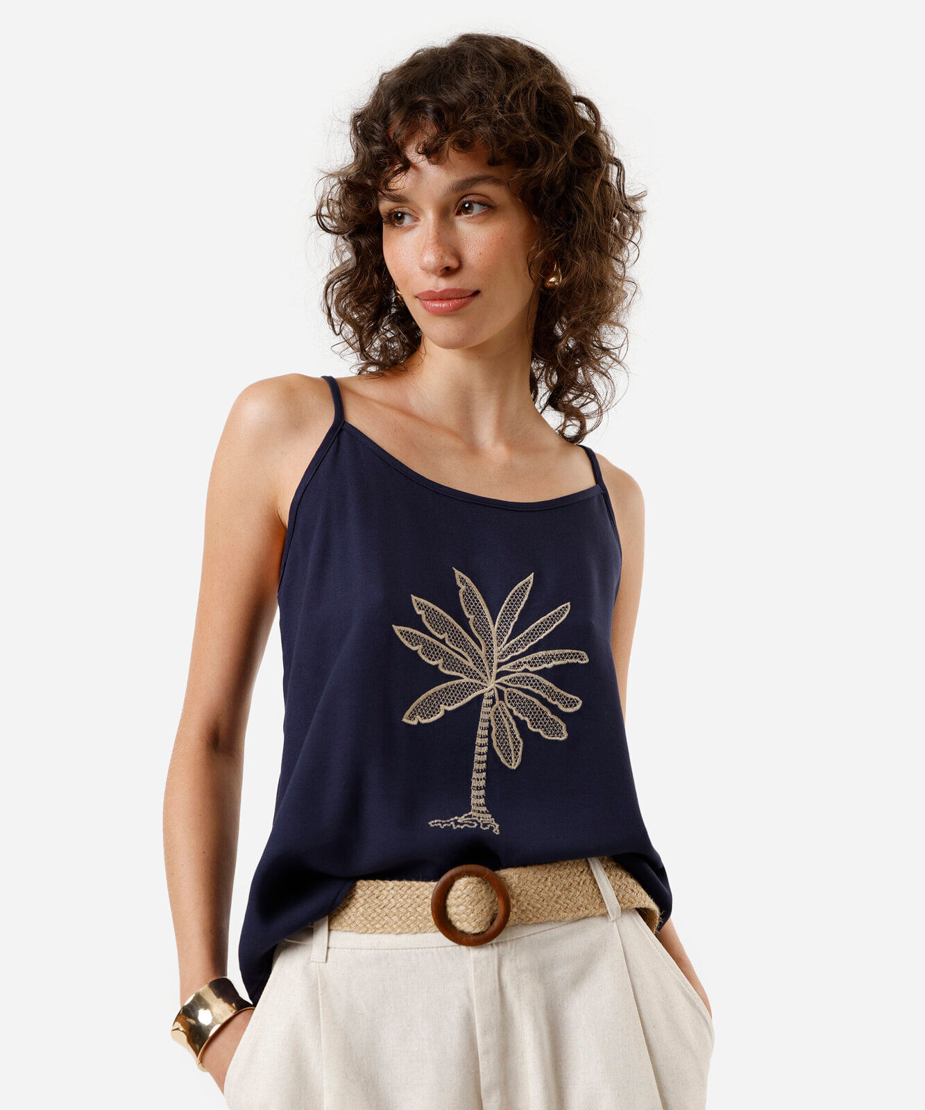blusa alça fina feminina de viscose bordada azul