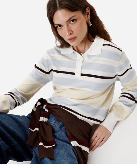 polo básica feminina de tricot manga longa listrada off white