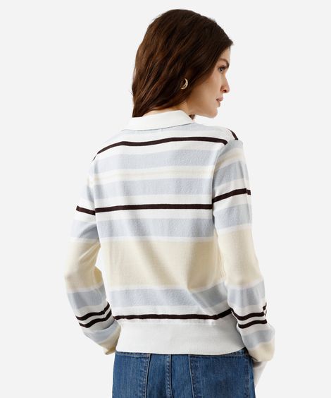 polo básica feminina de tricot manga longa listrada off white