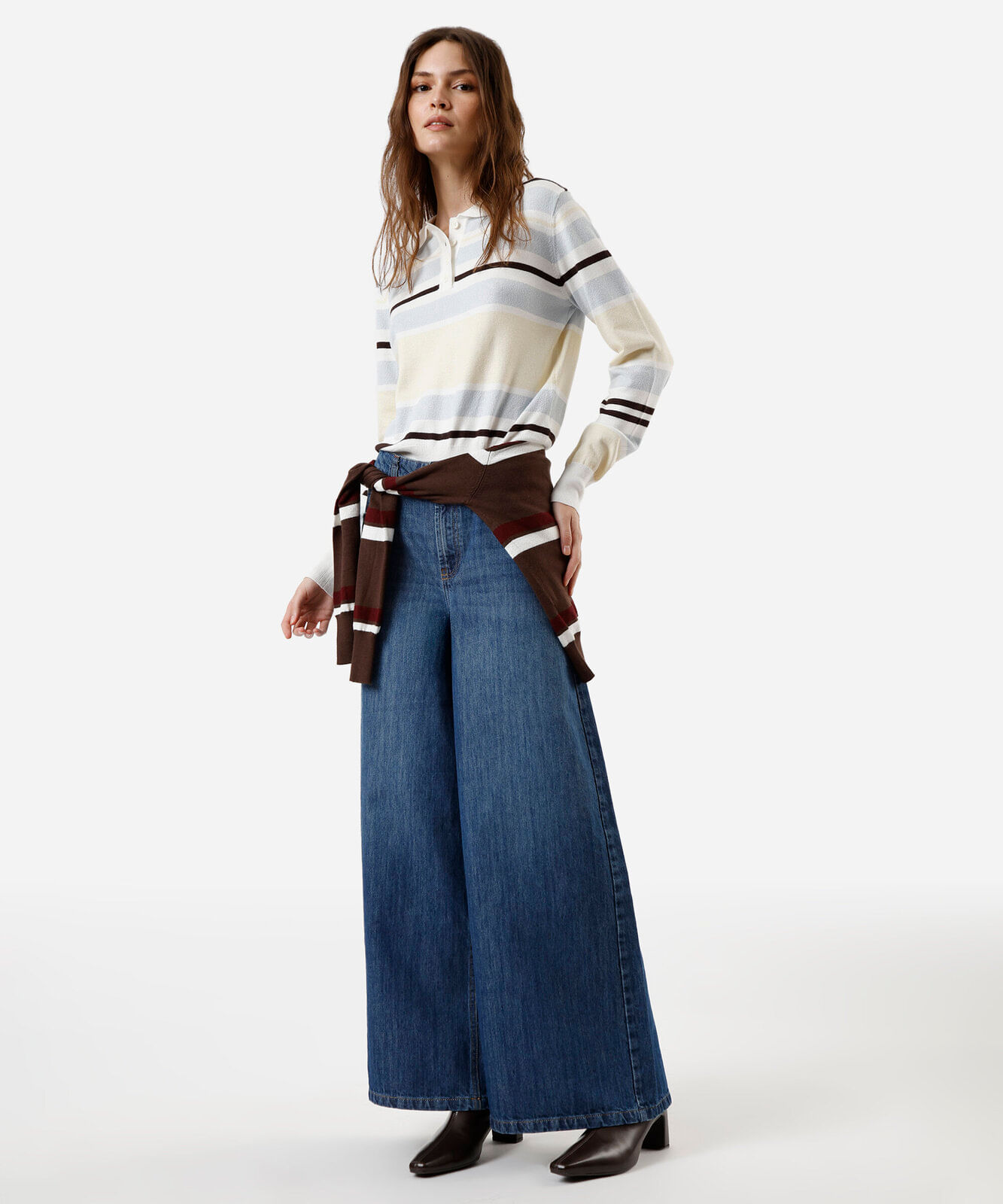 polo básica feminina de tricot manga longa listrada off white