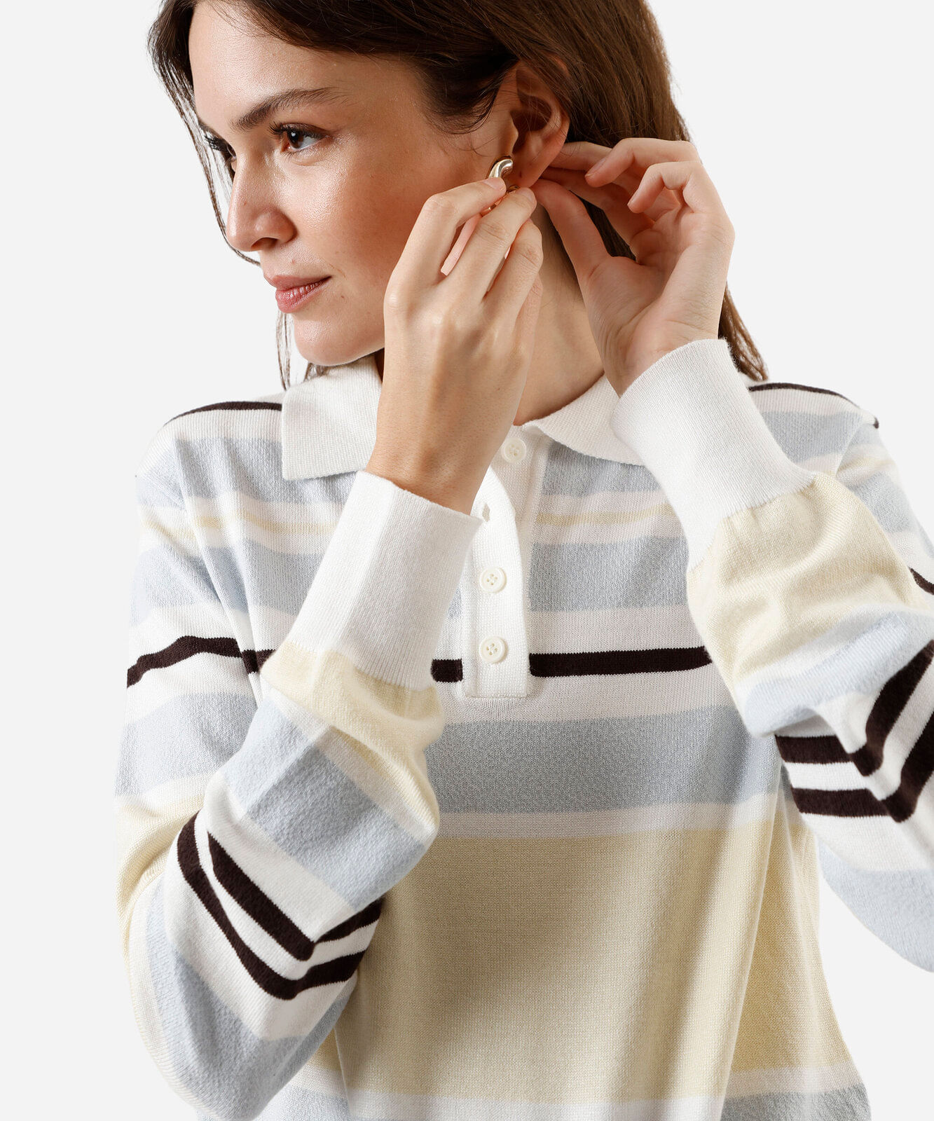 polo básica feminina de tricot manga longa listrada off white
