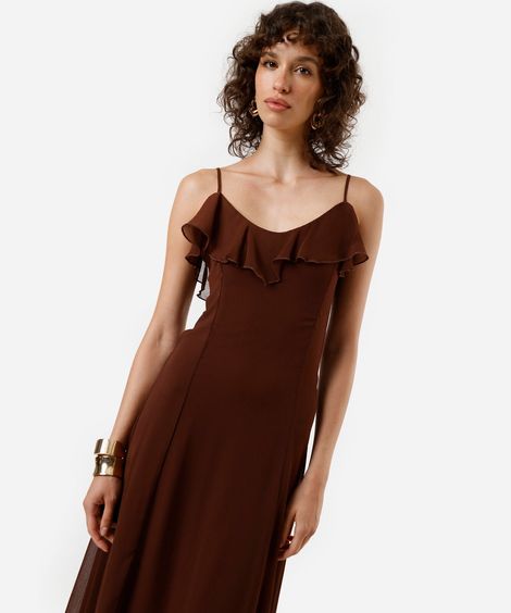 vestido midi alça fina feminino com babado marrom