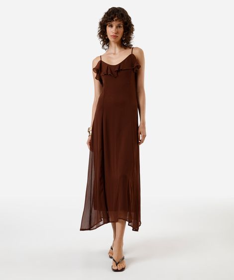 vestido midi alça fina feminino com babado marrom
