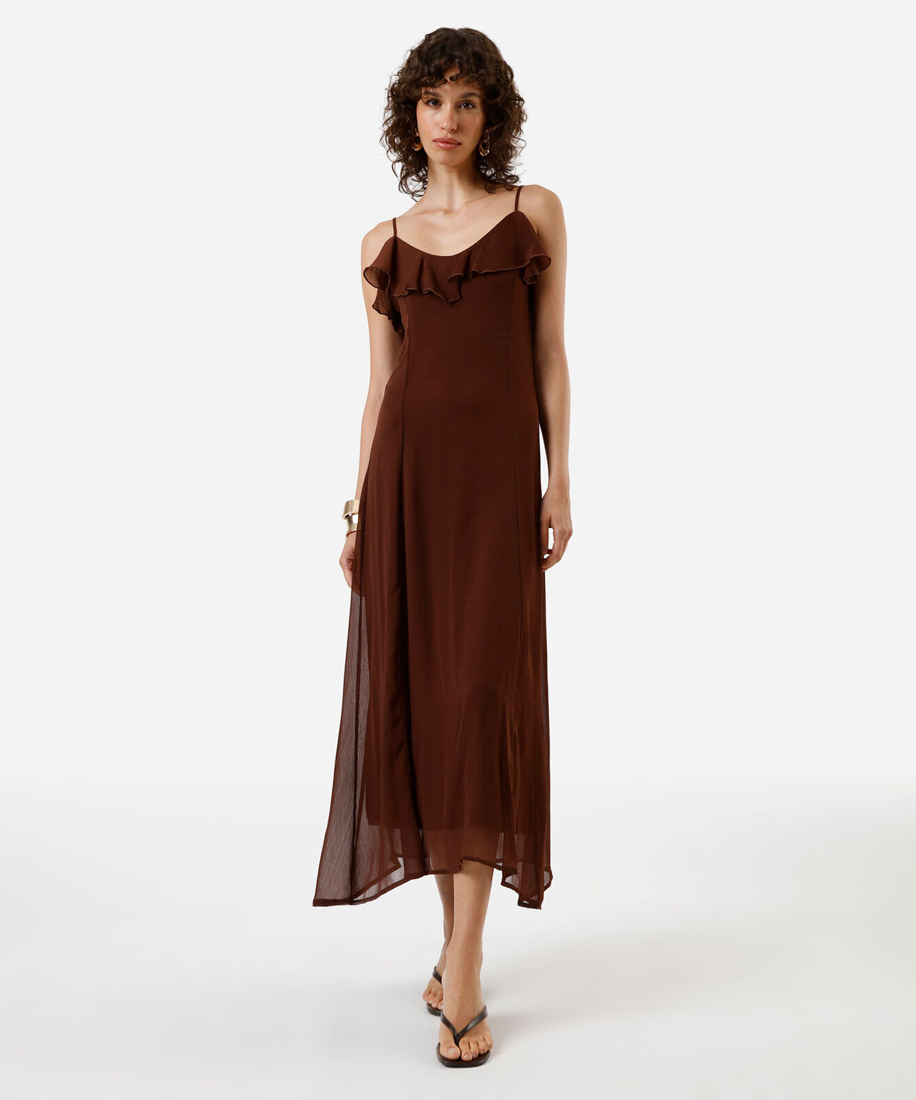 vestido midi alça fina feminino com babado marrom