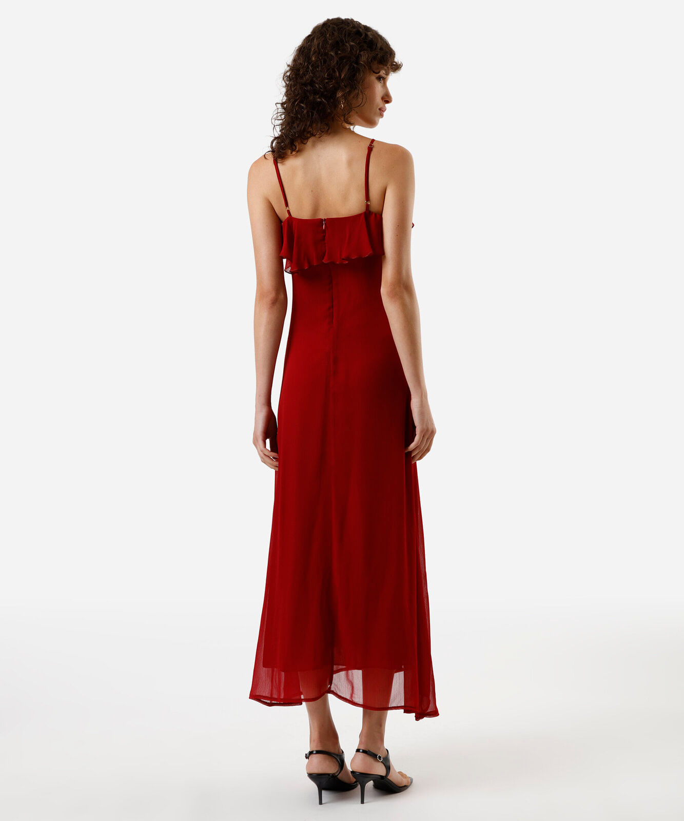 vestido midi alça fina feminino com babado vinho