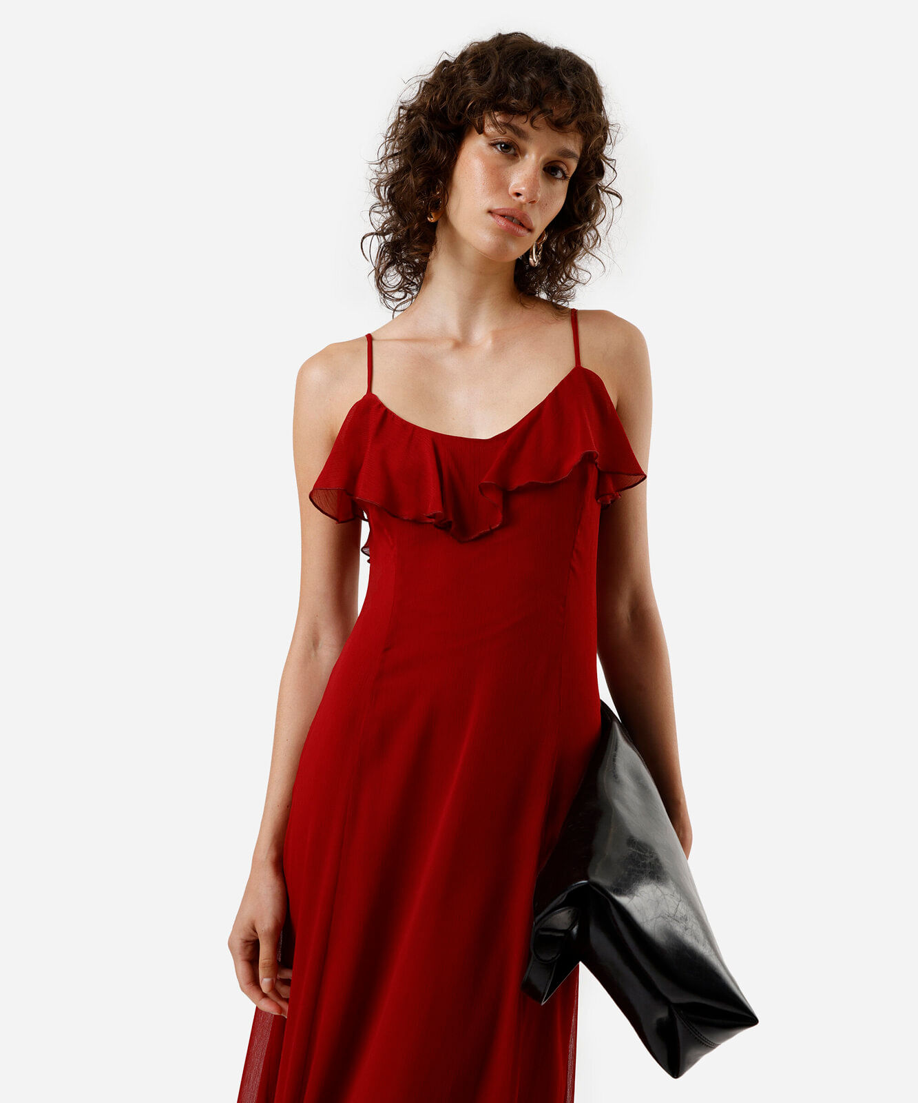 vestido midi alça fina feminino com babado vinho