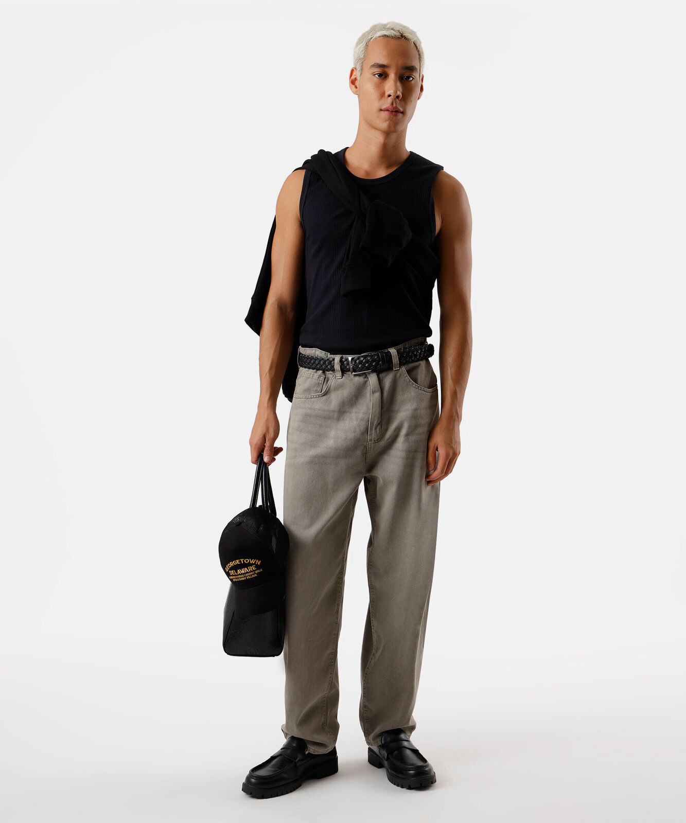 calça barrel masculina de sarja estonada bege