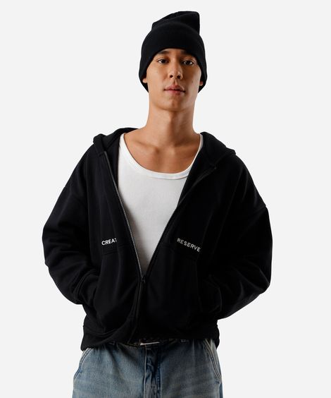 blusão masculino de moletom com capuz e zíper estampado preto