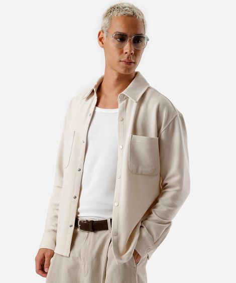 camisa masculina texturizada manga longa bege