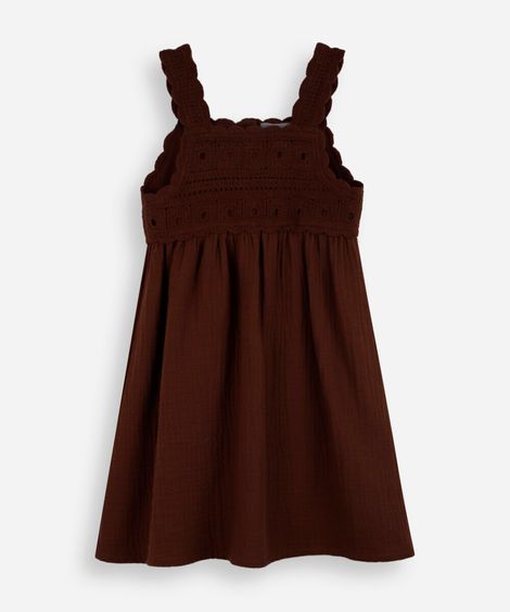 vestido infantil de algodão com crochê marrom