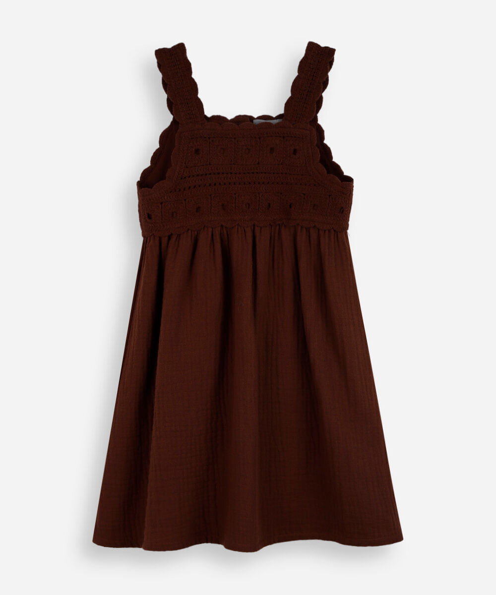 vestido infantil de algodão com crochê marrom