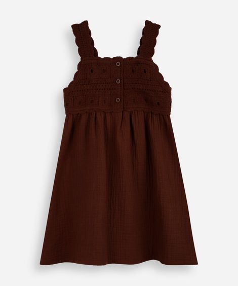 vestido infantil de algodão com crochê marrom