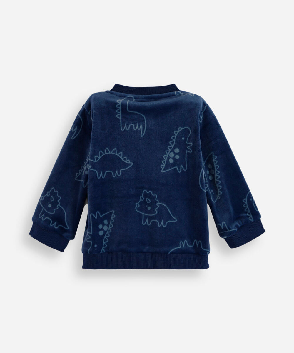 casaco infantil de plush dino com zíper azul