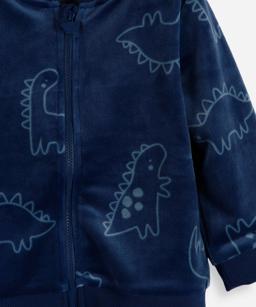 casaco infantil de plush dino com zíper azul