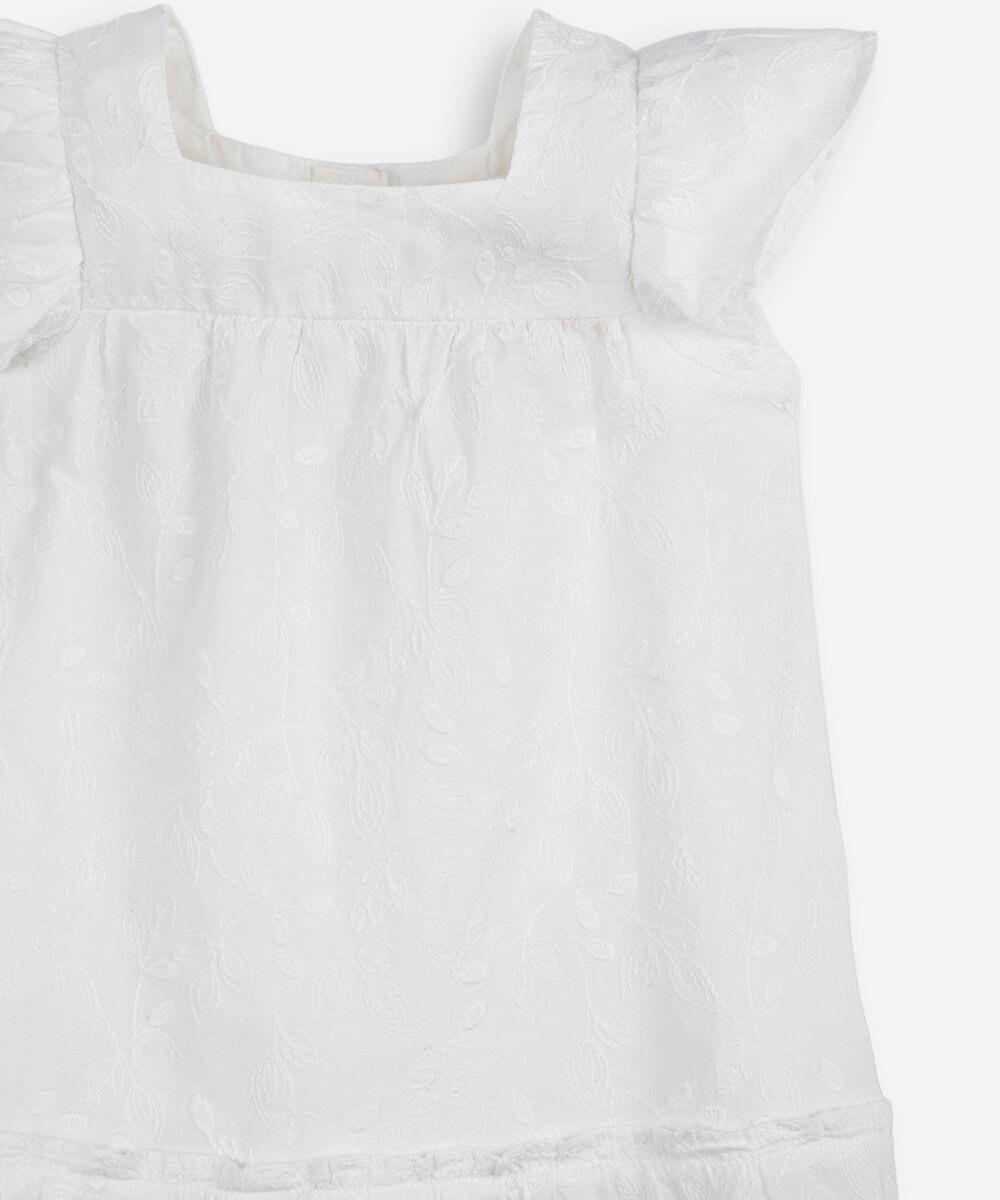 vestido infantil de algodão com bordados e botões off white