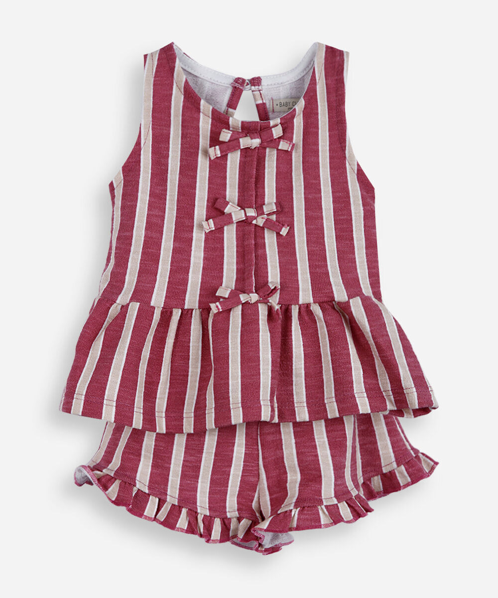 conjunto infantil de algodão com laços listrado rosa