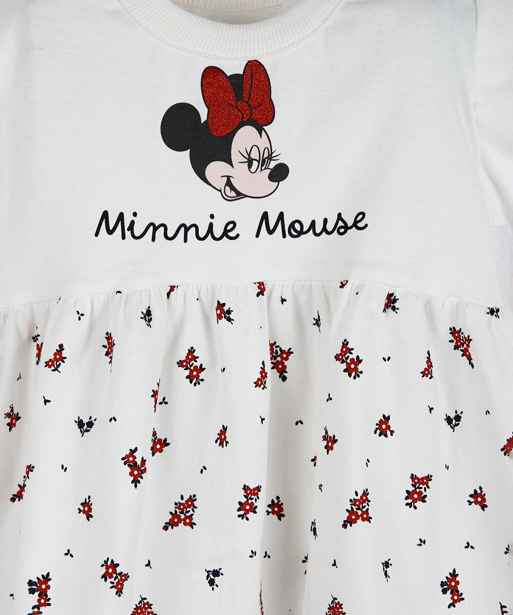 vestido evasê infantil de algodão minnie off white