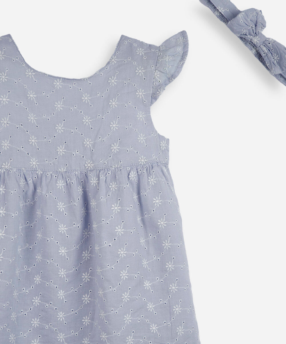 vestido infantil de laise com faixa de cabelo azul