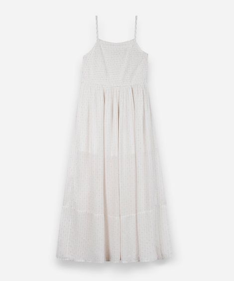 vestido midi juvenil de viscose com alças finas e lurex off white