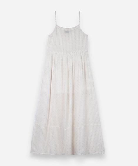 vestido midi juvenil de viscose com alças finas e lurex off white