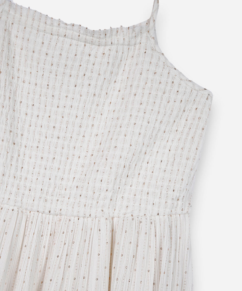 vestido midi juvenil de viscose com alças finas e lurex off white