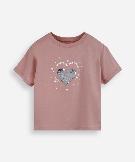 blusa infantil de algodão com coração de paetê rosa