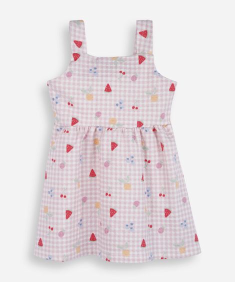 vestido infantil de algodão xadrez texturizado rosa