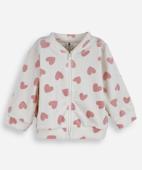 casaco infantil de plush corações off white