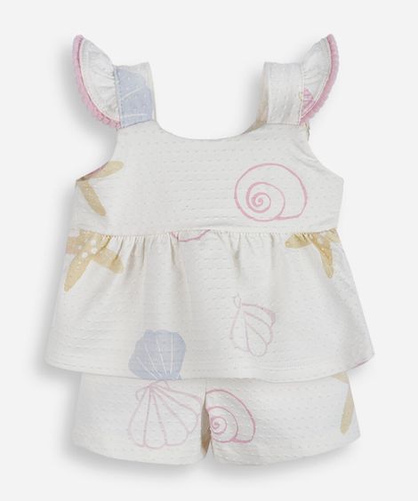 conjunto curto infantil de algodão estampado texturizado off white