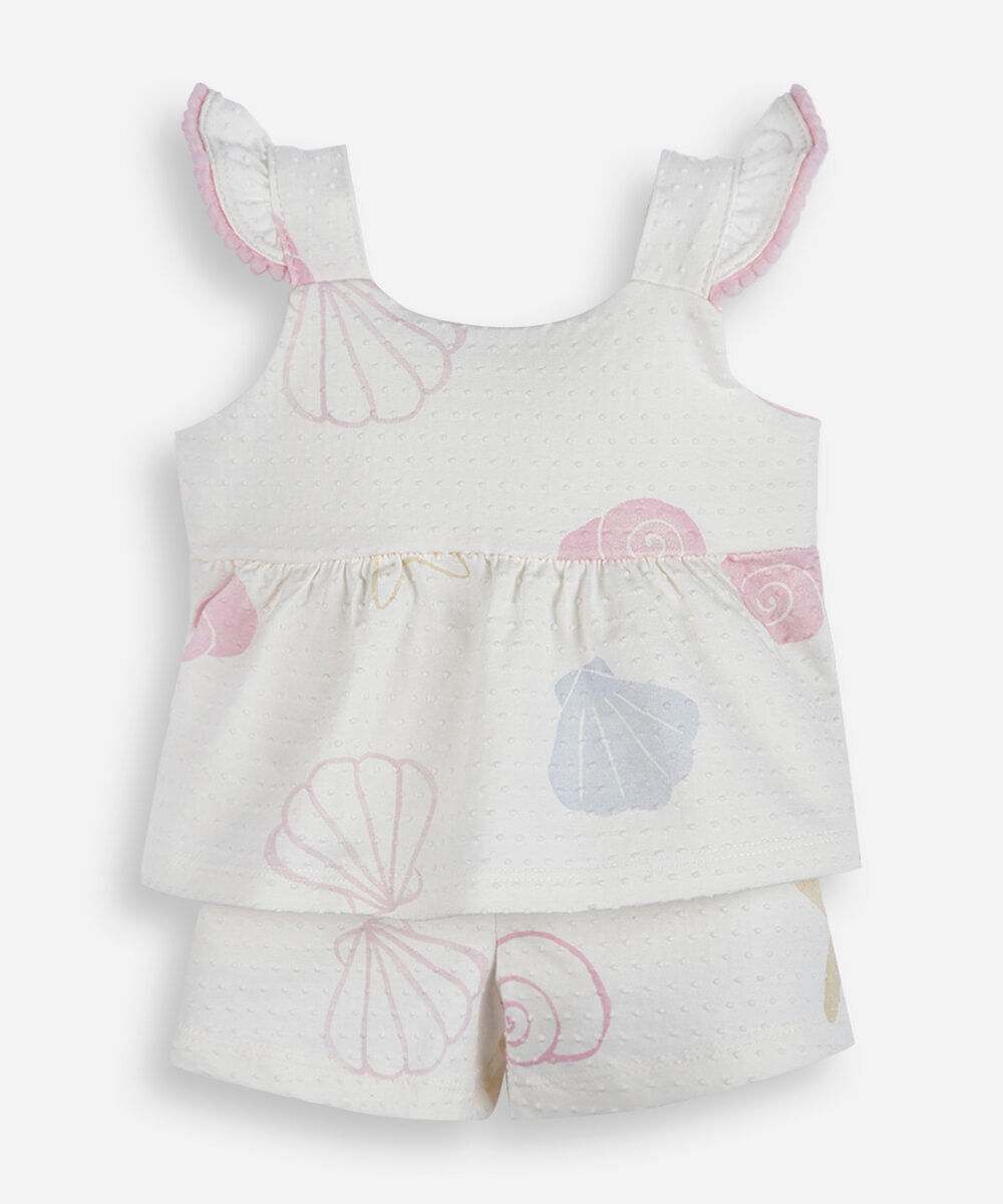 conjunto curto infantil de algodão estampado texturizado off white