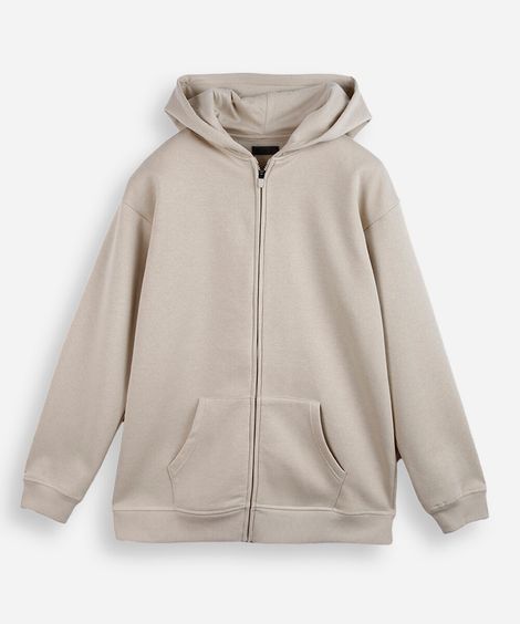 jaqueta oversized juvenil de moletom com capuz e bolso bege