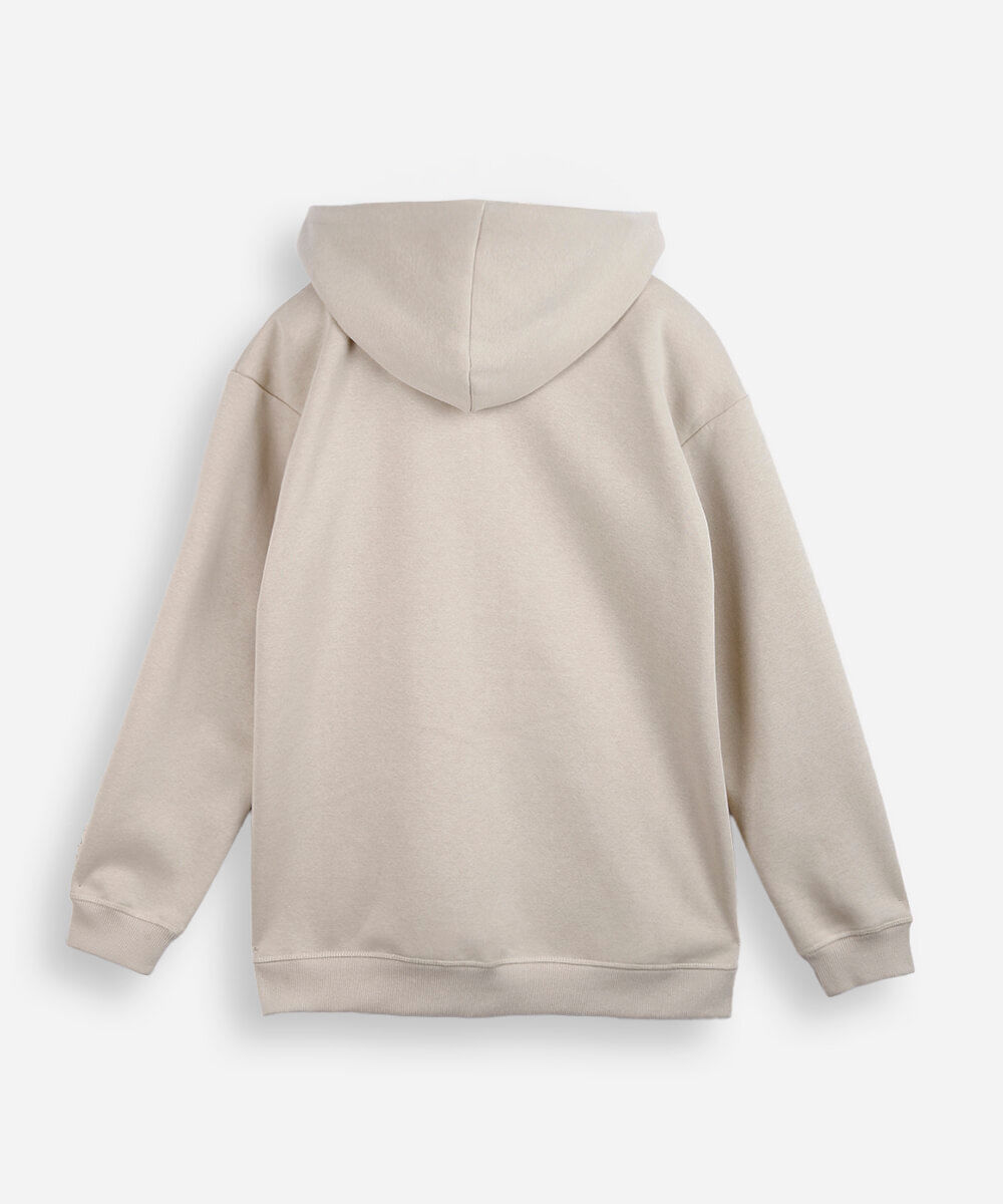jaqueta oversized juvenil de moletom com capuz e bolso bege