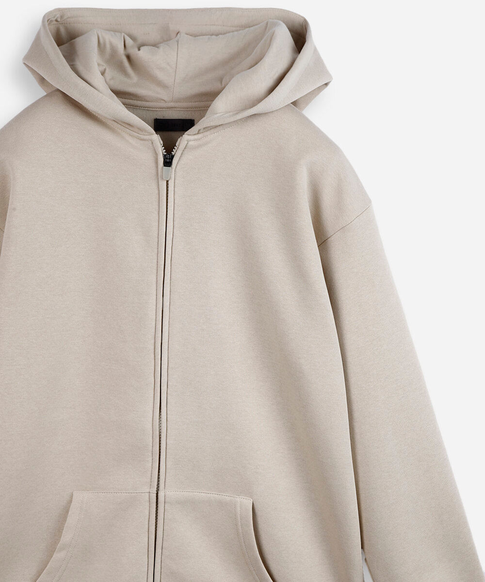 jaqueta oversized juvenil de moletom com capuz e bolso bege