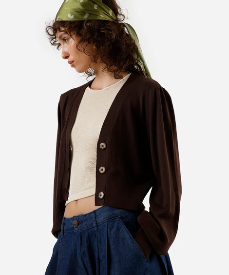cardigan cropped feminino de tricot marrom
