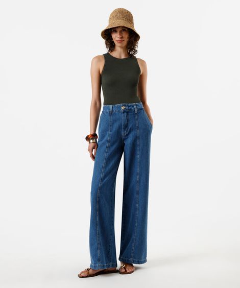calça wide leg feminina jeans com recortes azul