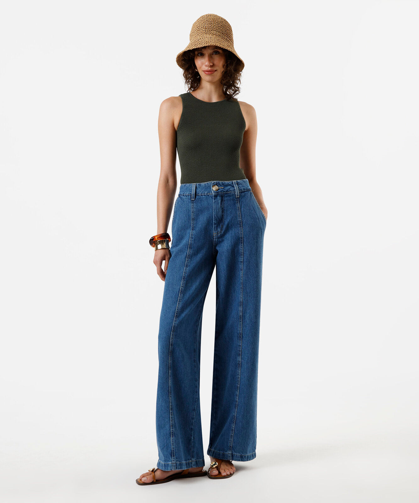 calça wide leg feminina jeans com recortes azul