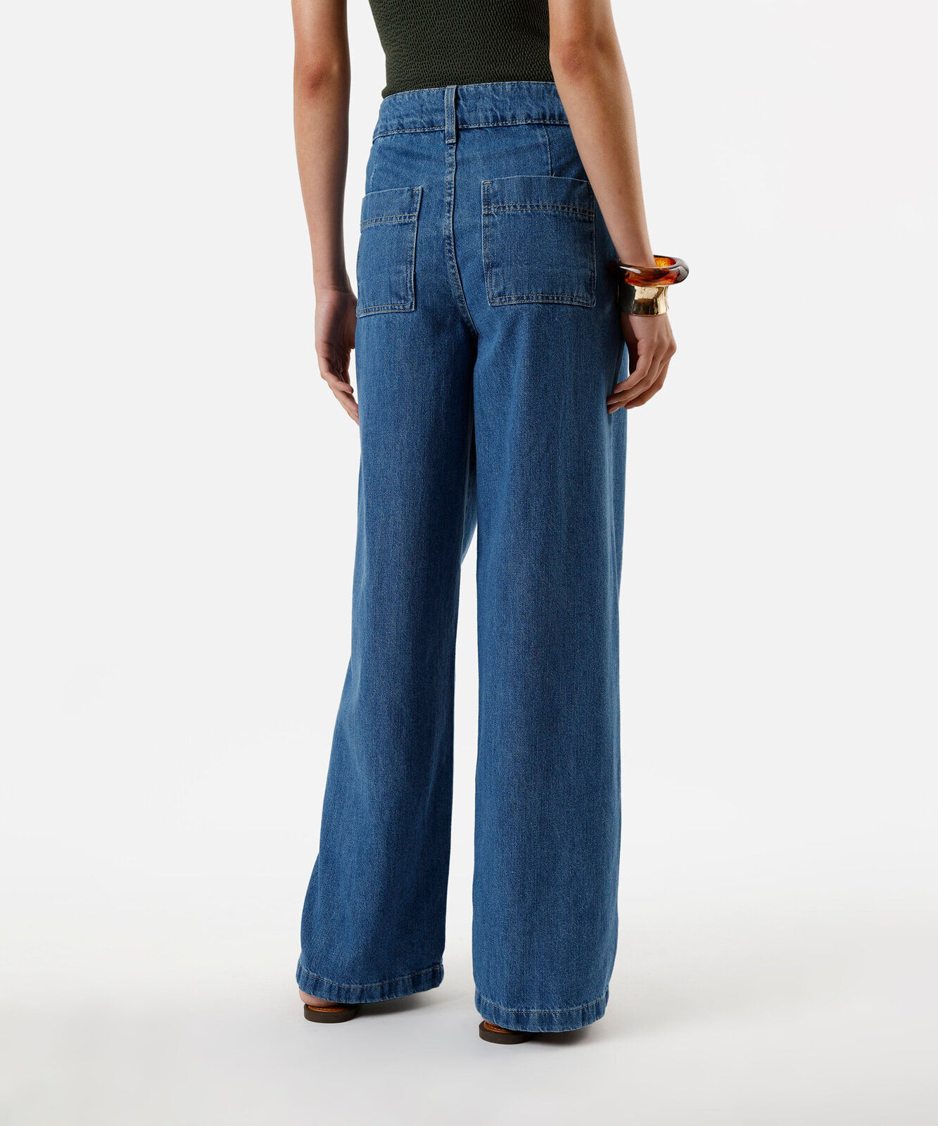 calça wide leg feminina jeans com recortes azul