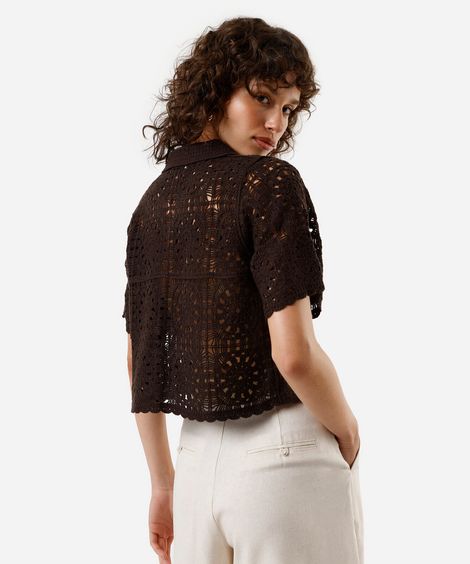 camisa cropped feminina de crochê manga curta marrom