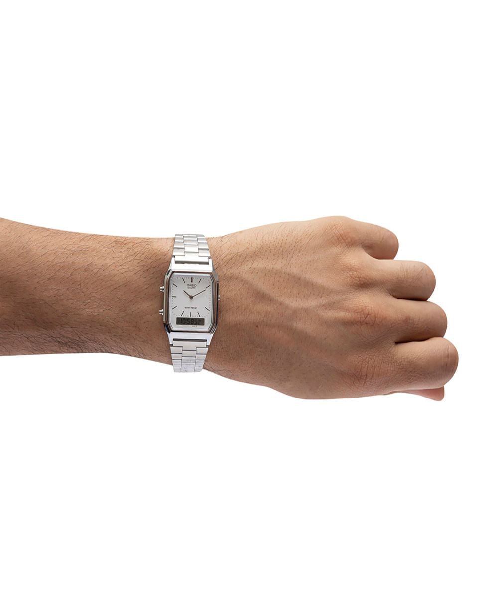 relógio masculino casio analógico digital aq 230a 7dmq prateado