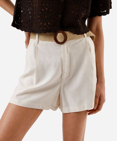 short de alfaiataria feminino com linho e cinto bege