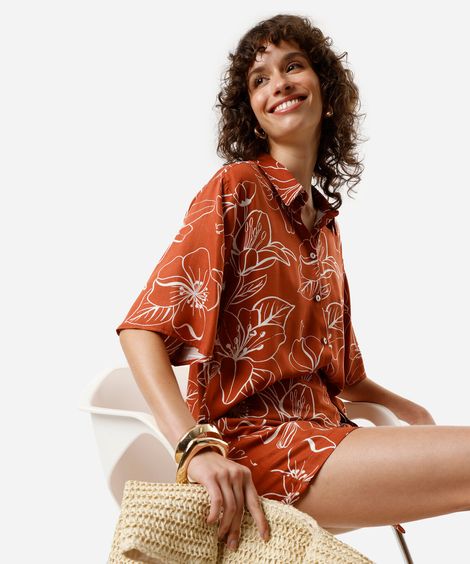 camisa feminina de viscose manga curta floral marrom