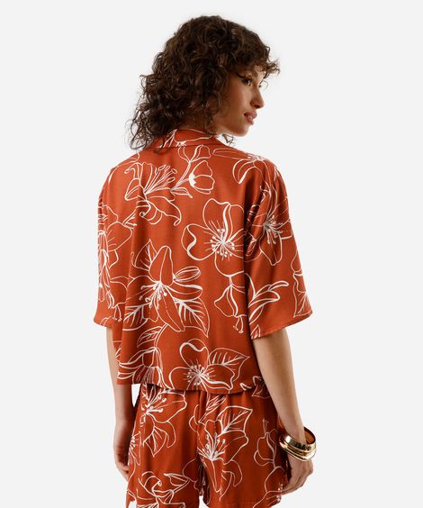 camisa feminina de viscose manga curta floral marrom