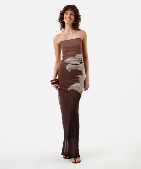 vestido longo sem alça feminino de tule com franzido floral marrom