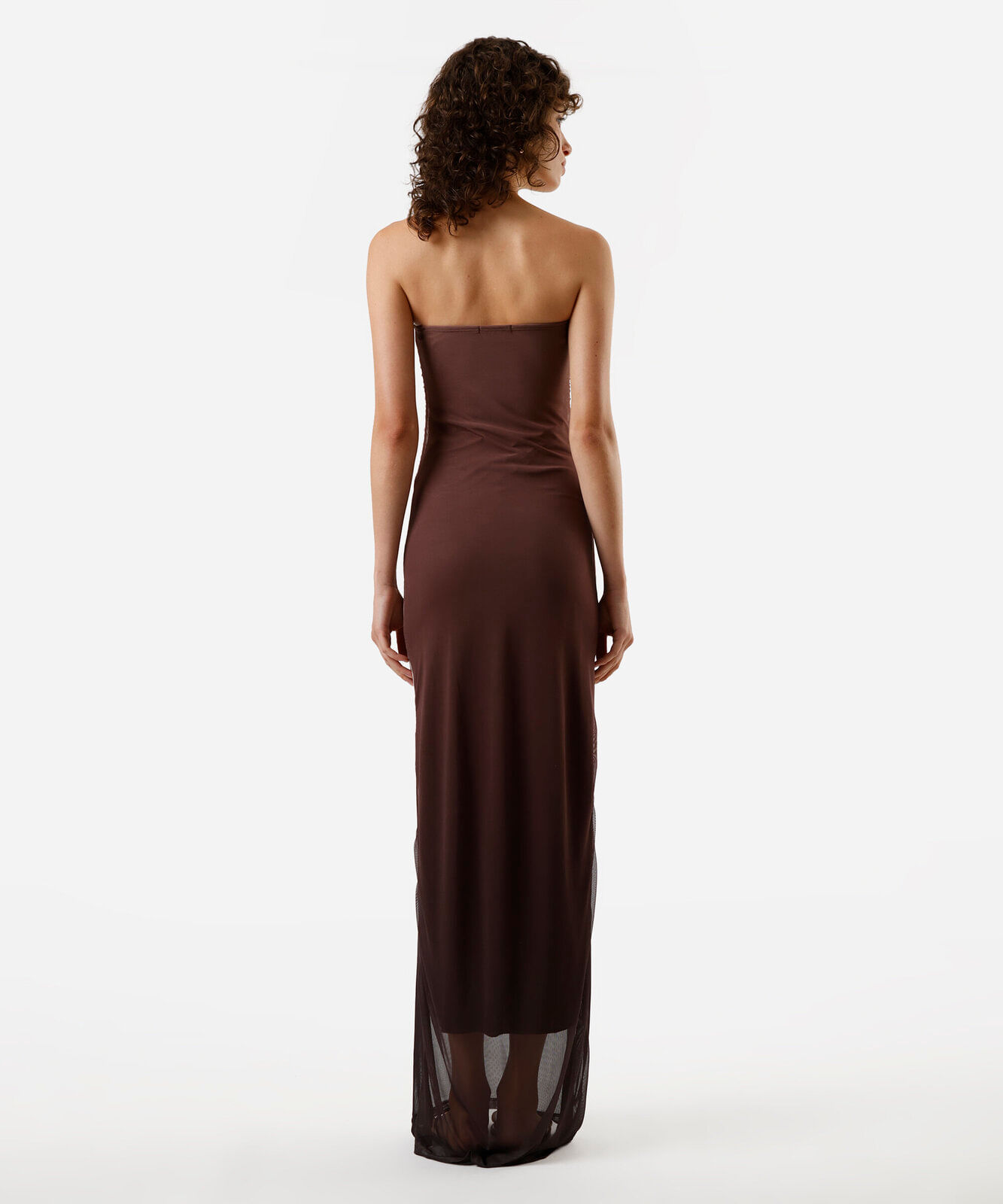 vestido longo sem alça feminino de tule com franzido floral marrom