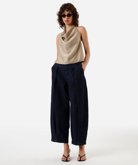 calça baggy feminina jeans com pregas azul