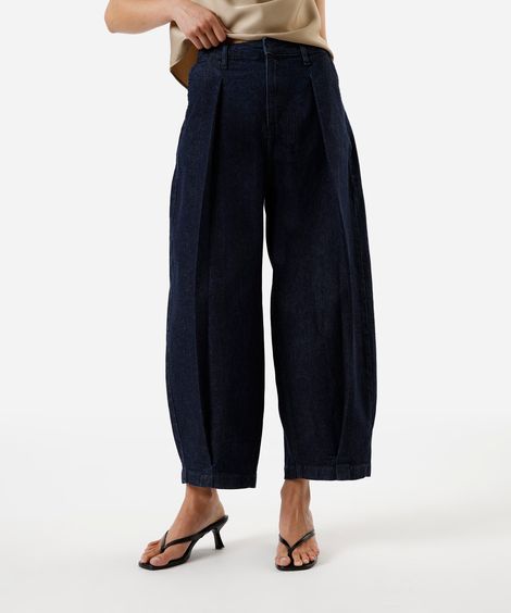 calça baggy feminina jeans com pregas azul