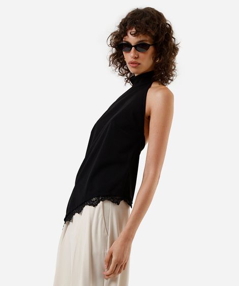 blusa assimétrica feminina halterneck com renda preta