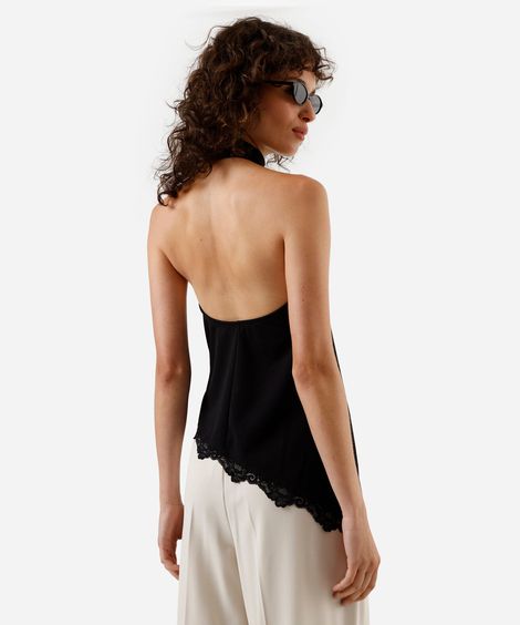 blusa assimétrica feminina halterneck com renda preta