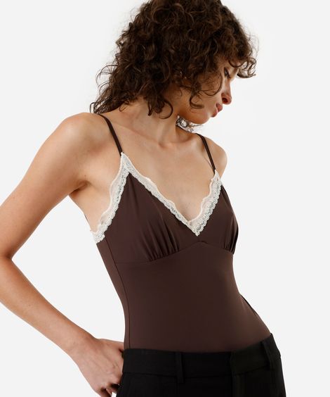 body feminino de poliamida com renda marrom