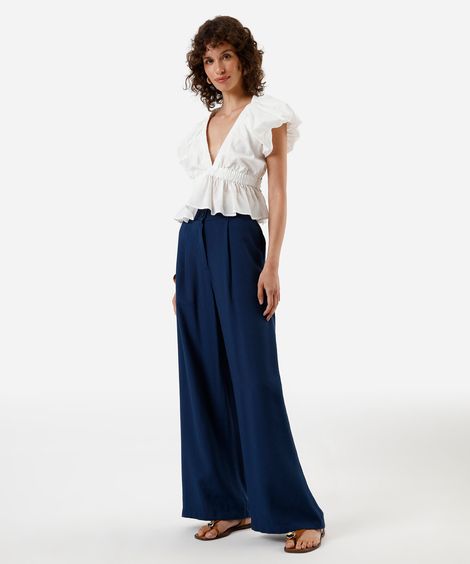 calça wide leg feminina de viscose texturizada azul